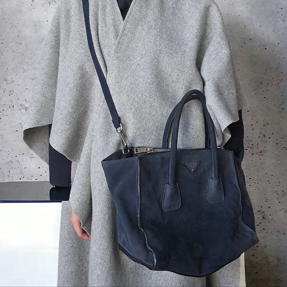 Prada Suede Scamosciato Twin Pocket Tote Bag (Navy/Midnight Blue) - Picture 3 of 10